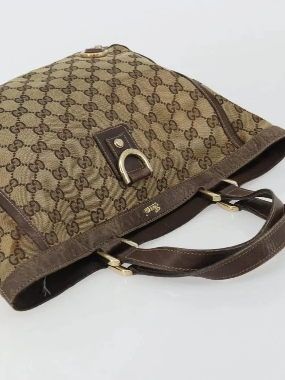 GUCCI GG Canvas Abbey Hand Bag Beige Gold 130739 Auth 175609